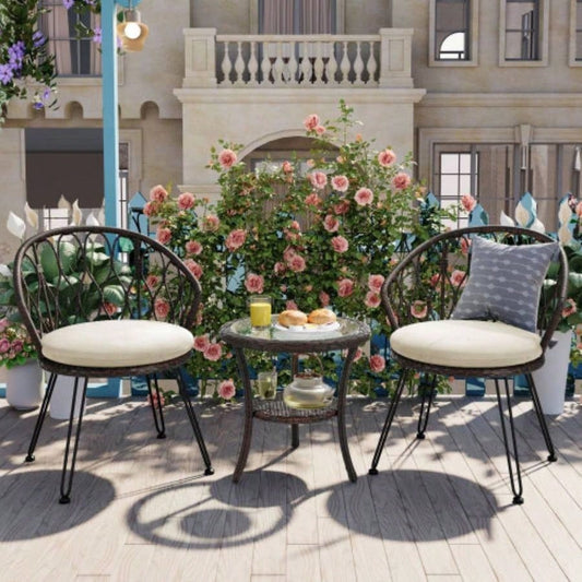 USTYLE Outdoor Leisure Set, 2 Rattan Single Chairs with A Glass Round Table, Perfectly Suited Patios, Balconies, and Courtyards