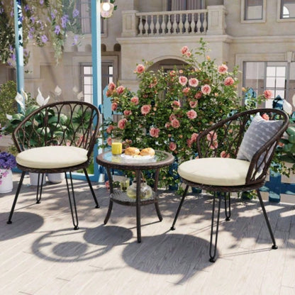 USTYLE Outdoor Leisure Set, 2 Rattan Single Chairs with A Glass Round Table, Perfectly Suited Patios, Balconies, and Courtyards