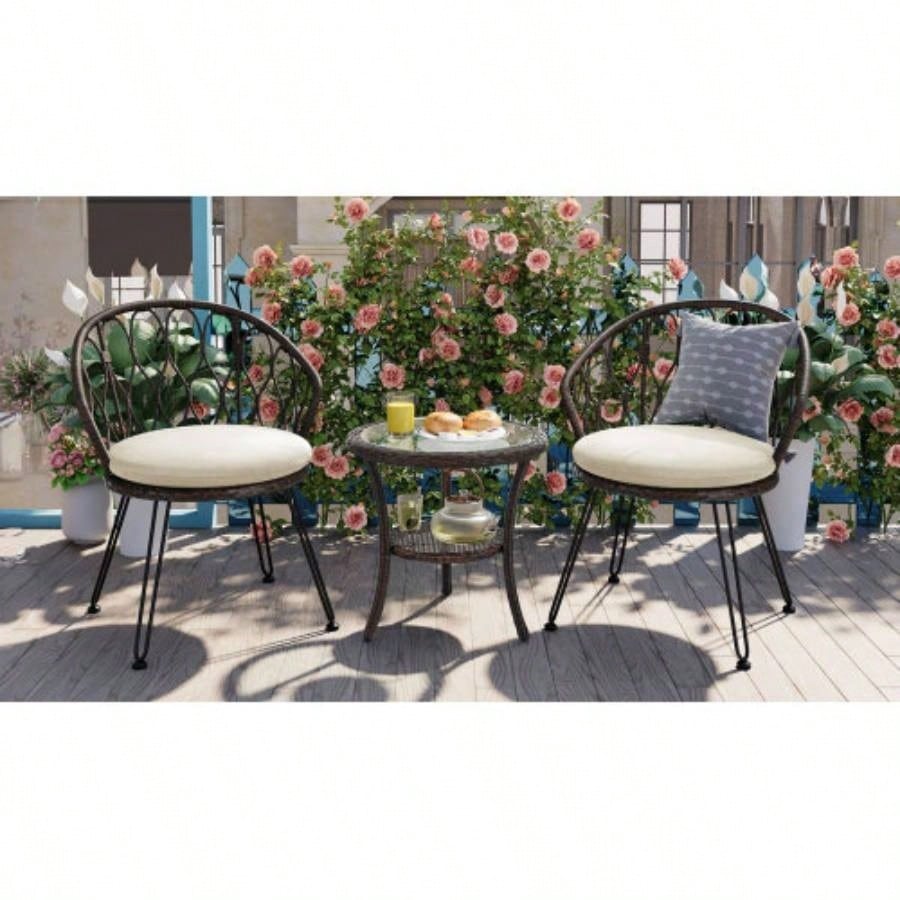 USTYLE Outdoor Leisure Set, 2 Rattan Single Chairs with A Glass Round Table, Perfectly Suited Patios, Balconies, and Courtyards
