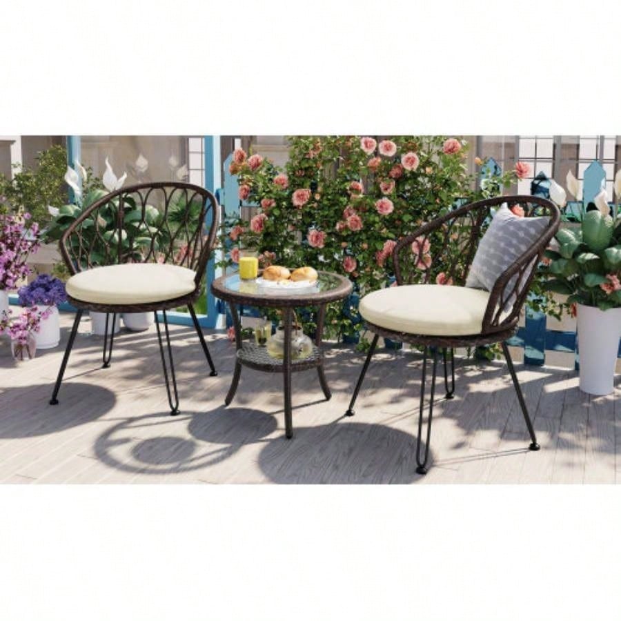 USTYLE Outdoor Leisure Set, 2 Rattan Single Chairs with A Glass Round Table, Perfectly Suited Patios, Balconies, and Courtyards