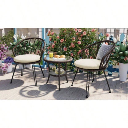 USTYLE Outdoor Leisure Set, 2 Rattan Single Chairs with A Glass Round Table, Perfectly Suited Patios, Balconies, and Courtyards