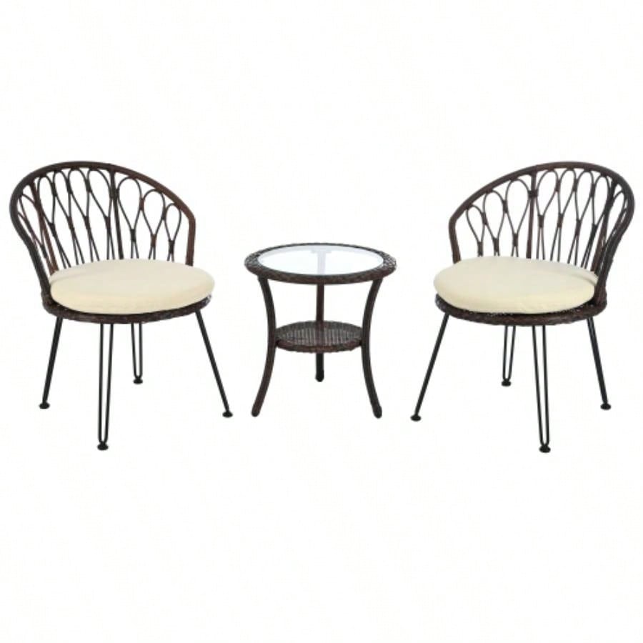 USTYLE Outdoor Leisure Set, 2 Rattan Single Chairs with A Glass Round Table, Perfectly Suited Patios, Balconies, and Courtyards