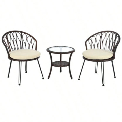USTYLE Outdoor Leisure Set, 2 Rattan Single Chairs with A Glass Round Table, Perfectly Suited Patios, Balconies, and Courtyards