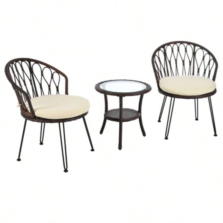 USTYLE Outdoor Leisure Set, 2 Rattan Single Chairs with A Glass Round Table, Perfectly Suited Patios, Balconies, and Courtyards