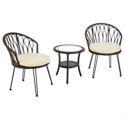 USTYLE Outdoor Leisure Set, 2 Rattan Single Chairs with A Glass Round Table, Perfectly Suited Patios, Balconies, and Courtyards