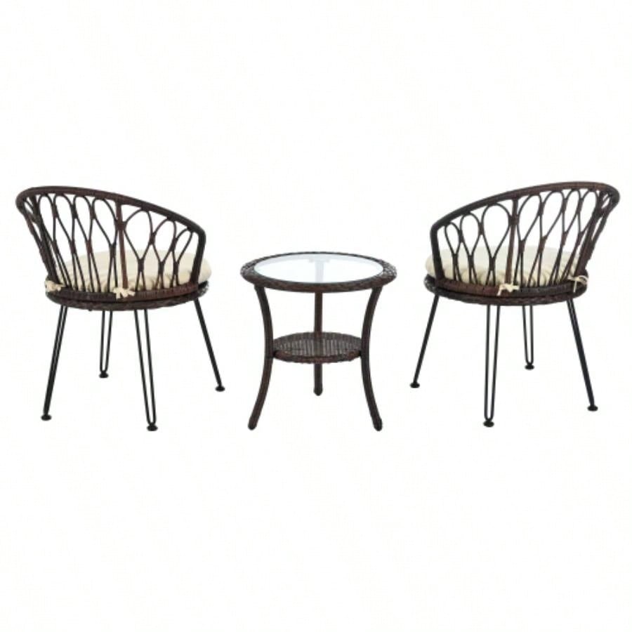 USTYLE Outdoor Leisure Set, 2 Rattan Single Chairs with A Glass Round Table, Perfectly Suited Patios, Balconies, and Courtyards