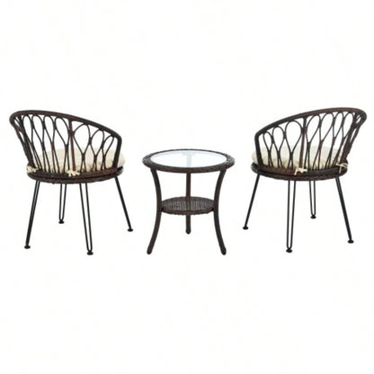 USTYLE Outdoor Leisure Set, 2 Rattan Single Chairs with A Glass Round Table, Perfectly Suited Patios, Balconies, and Courtyards