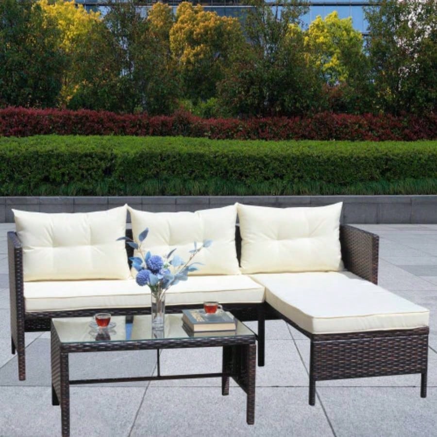 Outdoor patio Furniture sets 3 piece Conversation set wicker Ratten Sectional Sofa With CushionsBeige Cushion