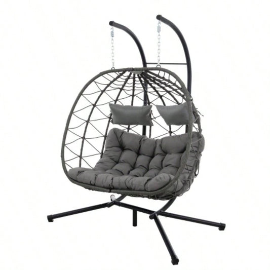 2 Persons Chair with Stand Indoor Outdoor Swing Chair Patio Wicker Hanging Chair Hanging Basket Chair with Stand Bedroom Living Room Balcony