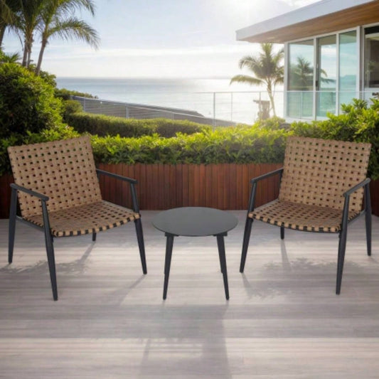 Modern Outdoor Chat Set: 2 PE Rattan Chairs+ Black Steel Tempered Glass Side Table - Durable Stylish