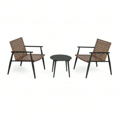 Modern Outdoor Chat Set: 2 PE Rattan Chairs+ Black Steel Tempered Glass Side Table - Durable Stylish