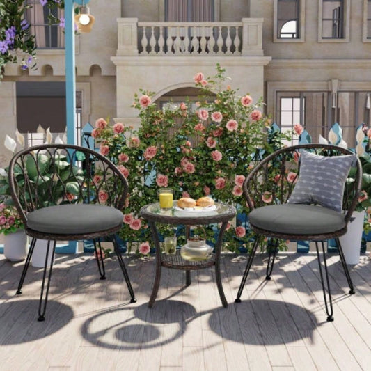 USTYLE Outdoor Leisure Set, 2 Rattan Single Chairs with A Glass Round Table, Perfectly Suited Patios, Balconies, and Courtyards