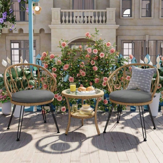USTYLE Outdoor Leisure Set, 2 Rattan Single Chairs with A Glass Round Table, Perfectly Suited Patios, Balconies, and Courtyards