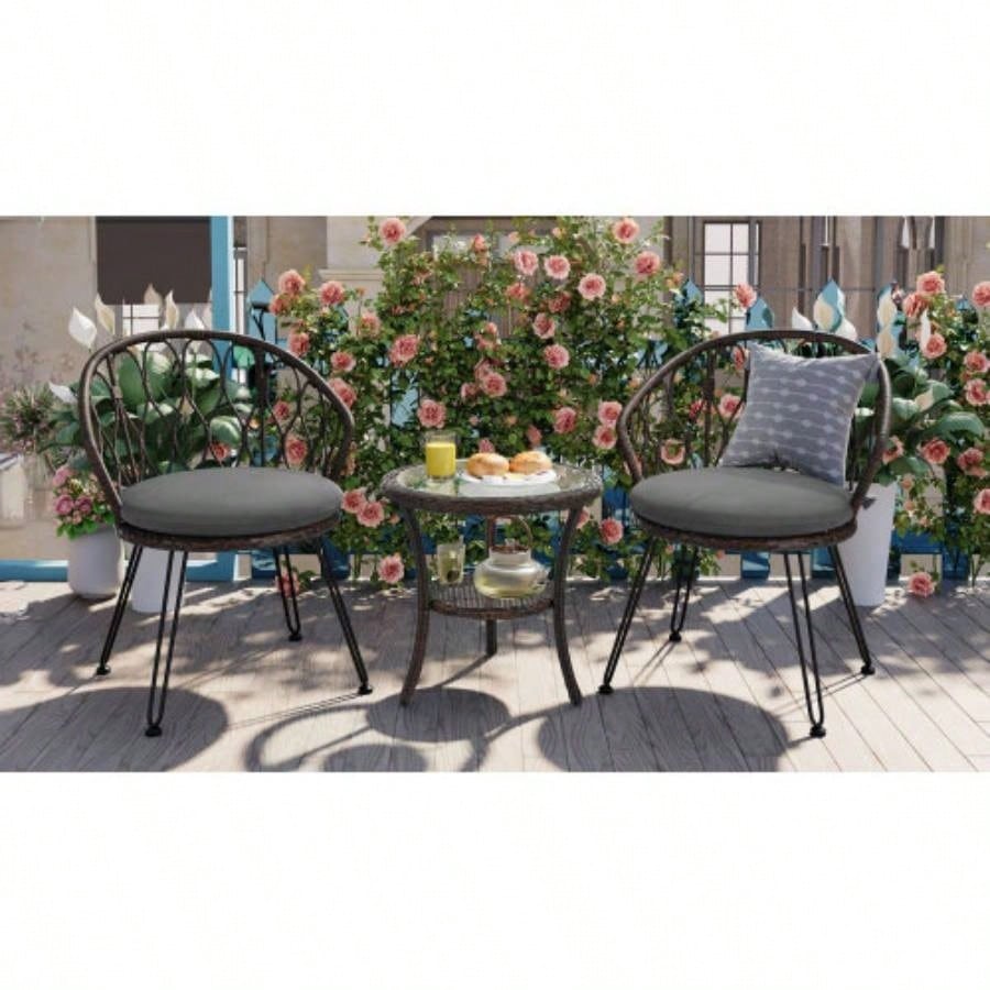 USTYLE Outdoor Leisure Set, 2 Rattan Single Chairs with A Glass Round Table, Perfectly Suited Patios, Balconies, and Courtyards