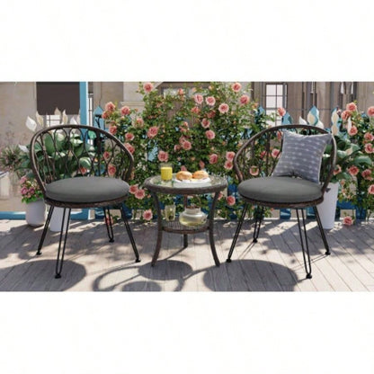 USTYLE Outdoor Leisure Set, 2 Rattan Single Chairs with A Glass Round Table, Perfectly Suited Patios, Balconies, and Courtyards