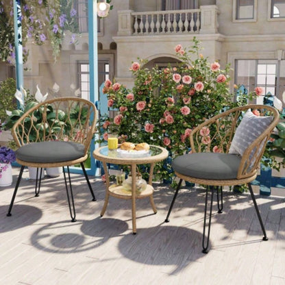 USTYLE Outdoor Leisure Set, 2 Rattan Single Chairs with A Glass Round Table, Perfectly Suited Patios, Balconies, and Courtyards