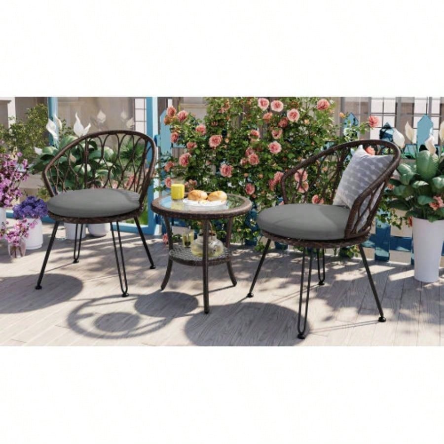 USTYLE Outdoor Leisure Set, 2 Rattan Single Chairs with A Glass Round Table, Perfectly Suited Patios, Balconies, and Courtyards