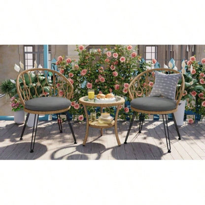 USTYLE Outdoor Leisure Set, 2 Rattan Single Chairs with A Glass Round Table, Perfectly Suited Patios, Balconies, and Courtyards