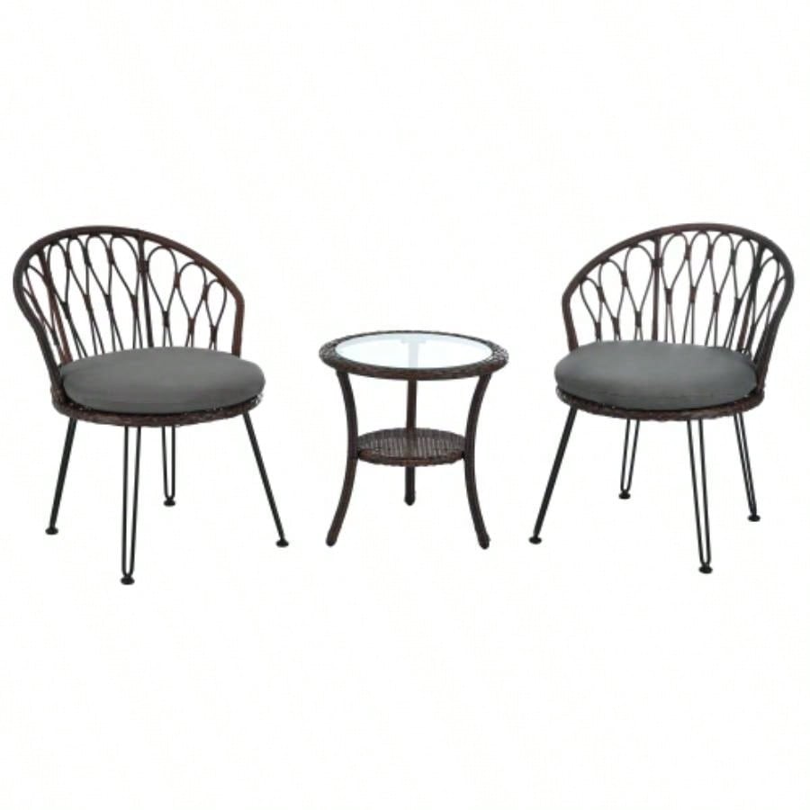 USTYLE Outdoor Leisure Set, 2 Rattan Single Chairs with A Glass Round Table, Perfectly Suited Patios, Balconies, and Courtyards