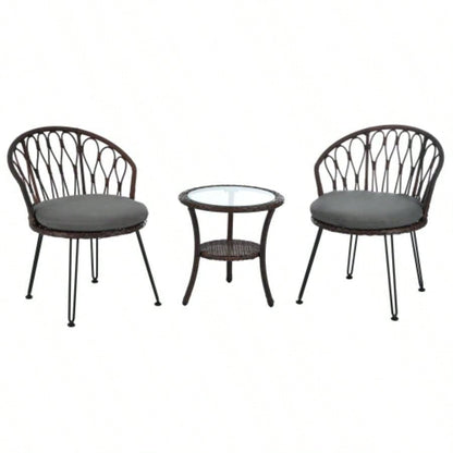 USTYLE Outdoor Leisure Set, 2 Rattan Single Chairs with A Glass Round Table, Perfectly Suited Patios, Balconies, and Courtyards
