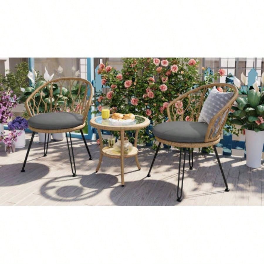 USTYLE Outdoor Leisure Set, 2 Rattan Single Chairs with A Glass Round Table, Perfectly Suited Patios, Balconies, and Courtyards