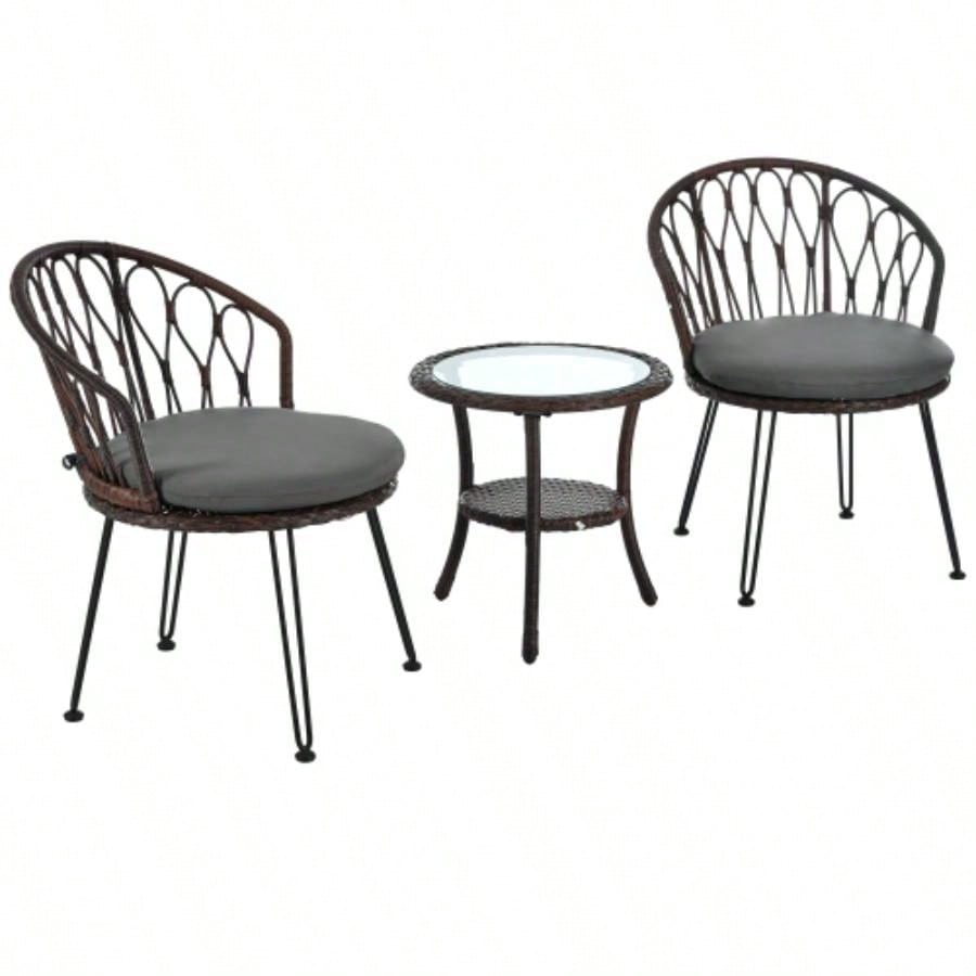 USTYLE Outdoor Leisure Set, 2 Rattan Single Chairs with A Glass Round Table, Perfectly Suited Patios, Balconies, and Courtyards