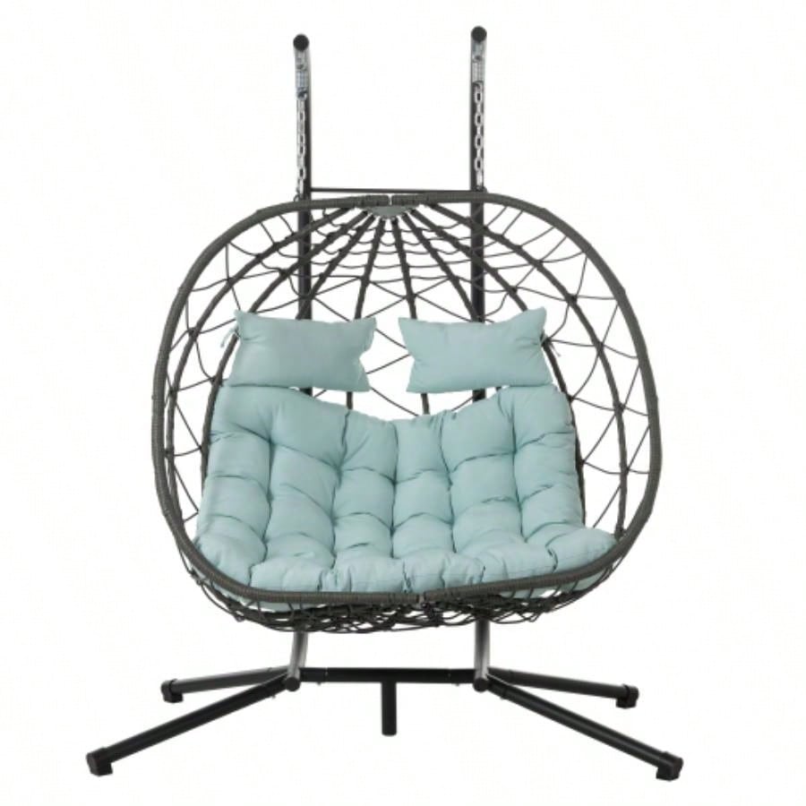 2 Persons Chair with Stand Indoor Outdoor Swing Chair Patio Wicker Hanging Chair Hanging Basket Chair with Stand Bedroom Living Room Balcony