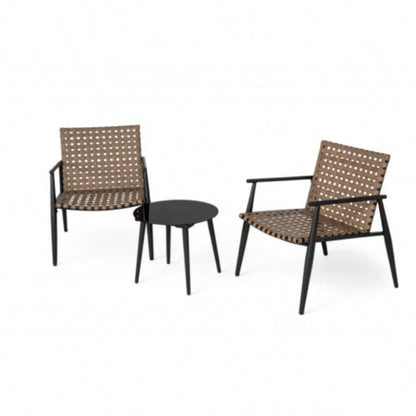 Modern Outdoor Chat Set: 2 PE Rattan Chairs+ Black Steel Tempered Glass Side Table - Durable Stylish