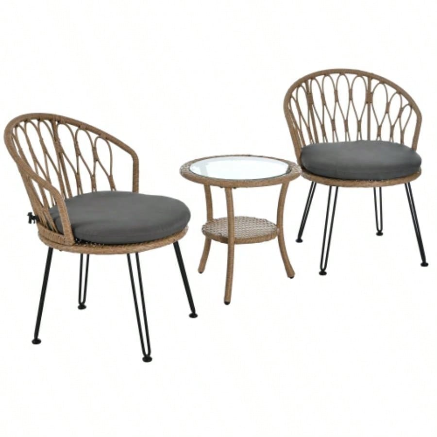 USTYLE Outdoor Leisure Set, 2 Rattan Single Chairs with A Glass Round Table, Perfectly Suited Patios, Balconies, and Courtyards