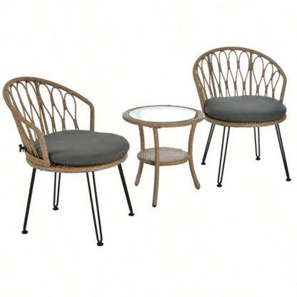 USTYLE Outdoor Leisure Set, 2 Rattan Single Chairs with A Glass Round Table, Perfectly Suited Patios, Balconies, and Courtyards