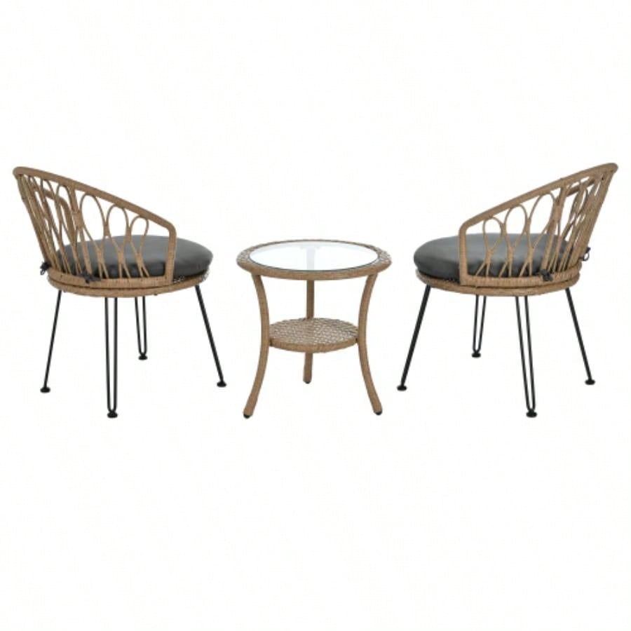 USTYLE Outdoor Leisure Set, 2 Rattan Single Chairs with A Glass Round Table, Perfectly Suited Patios, Balconies, and Courtyards