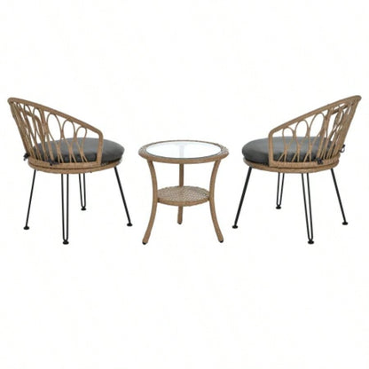 USTYLE Outdoor Leisure Set, 2 Rattan Single Chairs with A Glass Round Table, Perfectly Suited Patios, Balconies, and Courtyards