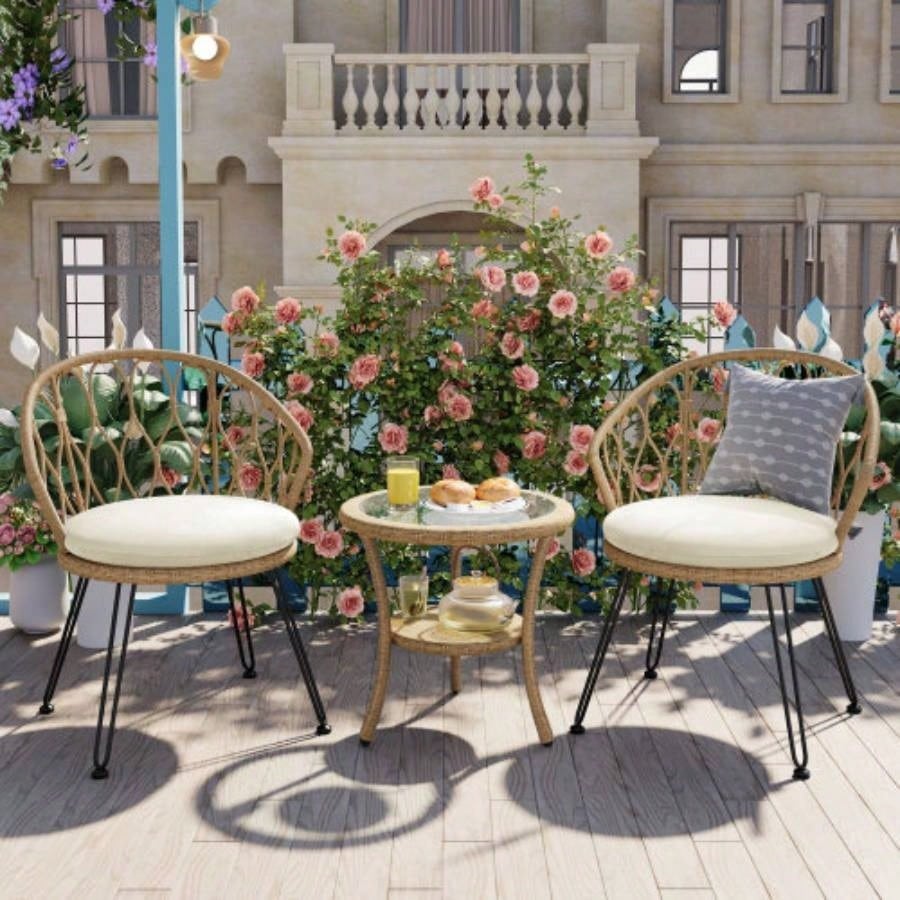USTYLE Outdoor Leisure Set, 2 Rattan Single Chairs with A Glass Round Table, Perfectly Suited Patios, Balconies, and Courtyards