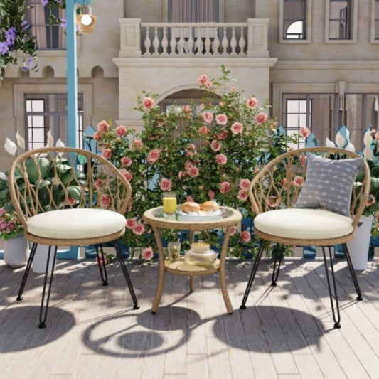 USTYLE Outdoor Leisure Set, 2 Rattan Single Chairs with A Glass Round Table, Perfectly Suited Patios, Balconies, and Courtyards