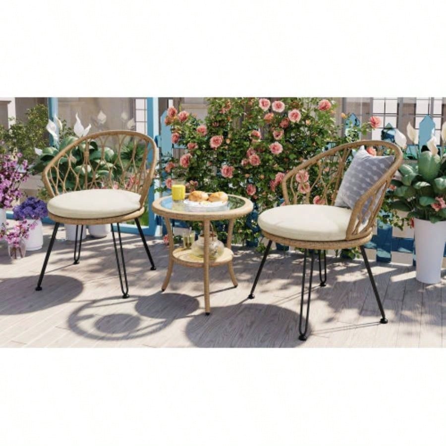 USTYLE Outdoor Leisure Set, 2 Rattan Single Chairs with A Glass Round Table, Perfectly Suited Patios, Balconies, and Courtyards