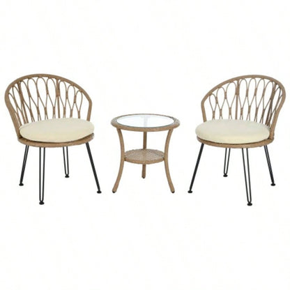 USTYLE Outdoor Leisure Set, 2 Rattan Single Chairs with A Glass Round Table, Perfectly Suited Patios, Balconies, and Courtyards