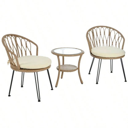 USTYLE Outdoor Leisure Set, 2 Rattan Single Chairs with A Glass Round Table, Perfectly Suited Patios, Balconies, and Courtyards