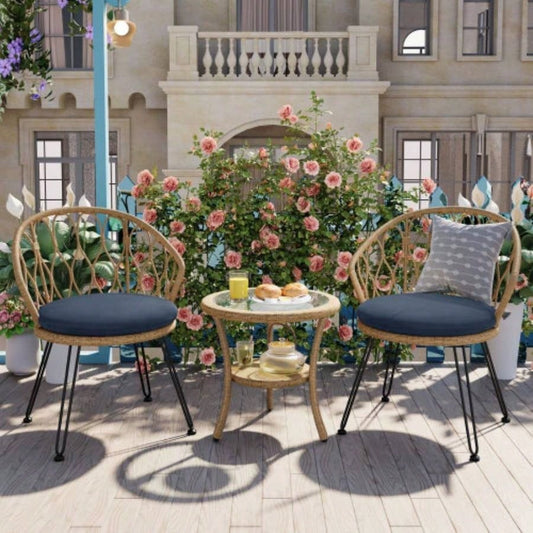 USTYLE Outdoor Leisure Set, 2 Rattan Single Chairs with A Glass Round Table, Perfectly Suited Patios, Balconies, and Courtyards