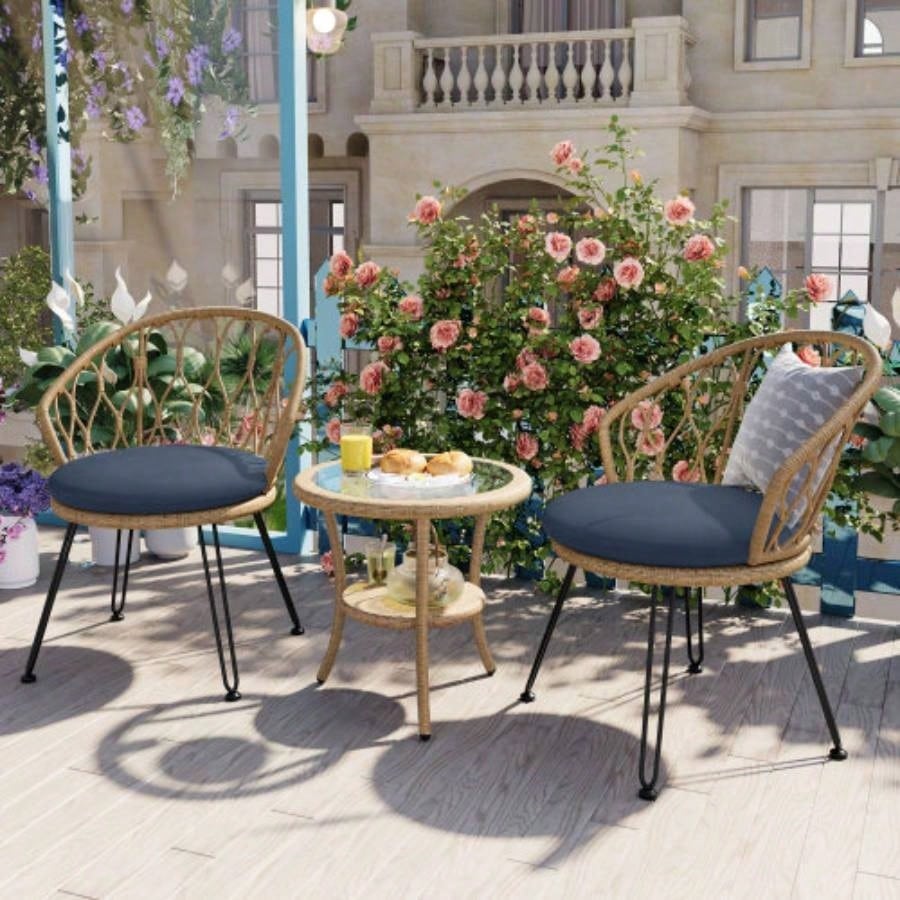 USTYLE Outdoor Leisure Set, 2 Rattan Single Chairs with A Glass Round Table, Perfectly Suited Patios, Balconies, and Courtyards