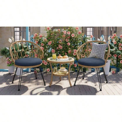 USTYLE Outdoor Leisure Set, 2 Rattan Single Chairs with A Glass Round Table, Perfectly Suited Patios, Balconies, and Courtyards