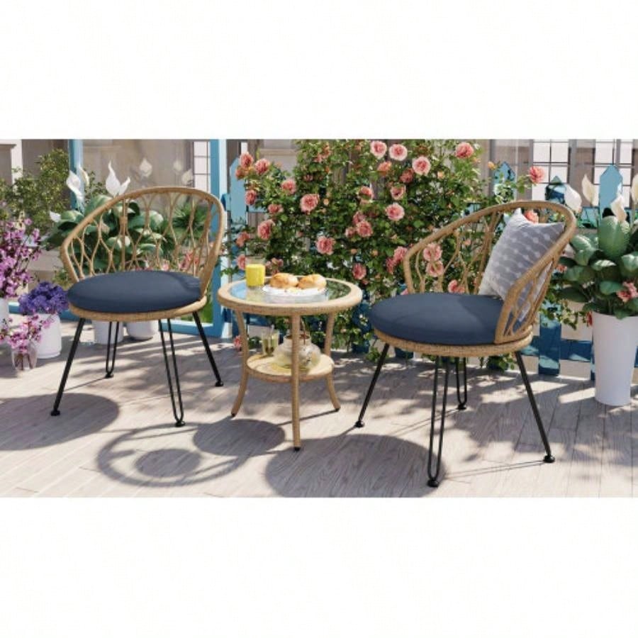 USTYLE Outdoor Leisure Set, 2 Rattan Single Chairs with A Glass Round Table, Perfectly Suited Patios, Balconies, and Courtyards