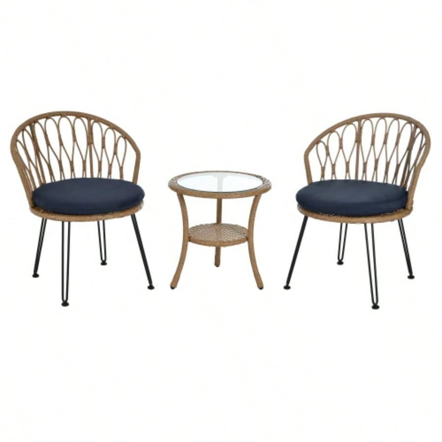 USTYLE Outdoor Leisure Set, 2 Rattan Single Chairs with A Glass Round Table, Perfectly Suited Patios, Balconies, and Courtyards