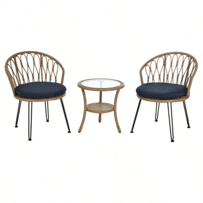 USTYLE Outdoor Leisure Set, 2 Rattan Single Chairs with A Glass Round Table, Perfectly Suited Patios, Balconies, and Courtyards