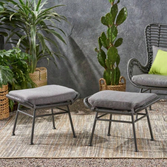 Montana Faux Rattan Outdoor Patio Ottoman with Cushion Set of 2