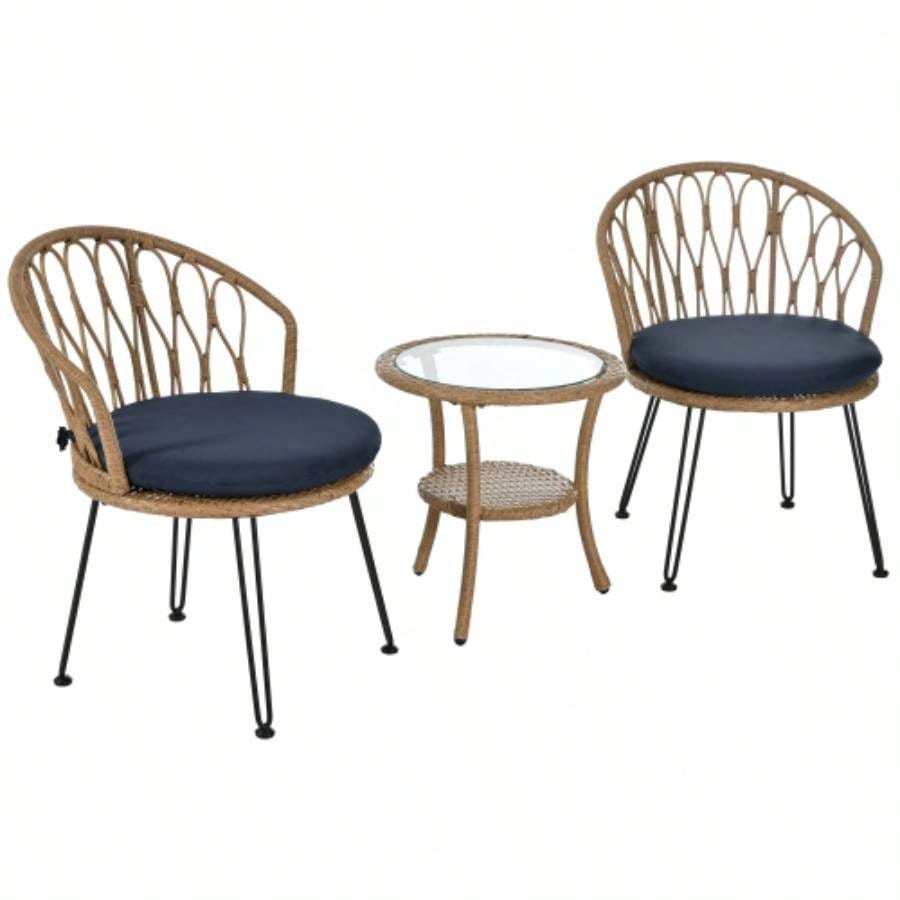 USTYLE Outdoor Leisure Set, 2 Rattan Single Chairs with A Glass Round Table, Perfectly Suited Patios, Balconies, and Courtyards