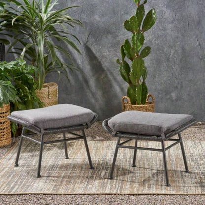 Montana Faux Rattan Outdoor Patio Ottoman with Cushion Set of 2