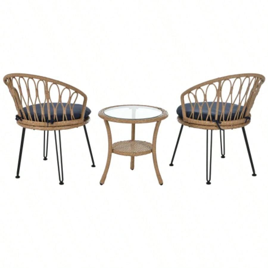 USTYLE Outdoor Leisure Set, 2 Rattan Single Chairs with A Glass Round Table, Perfectly Suited Patios, Balconies, and Courtyards