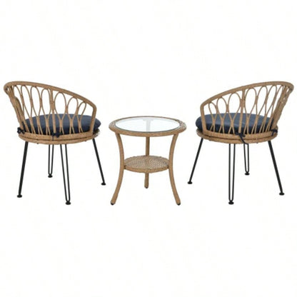 USTYLE Outdoor Leisure Set, 2 Rattan Single Chairs with A Glass Round Table, Perfectly Suited Patios, Balconies, and Courtyards