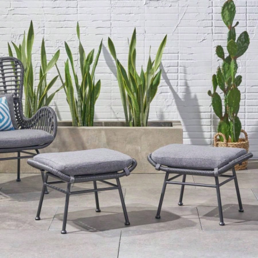 Montana Faux Rattan Outdoor Patio Ottoman with Cushion Set of 2