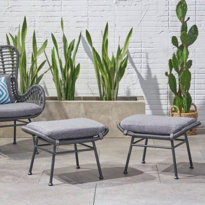 Montana Faux Rattan Outdoor Patio Ottoman with Cushion Set of 2